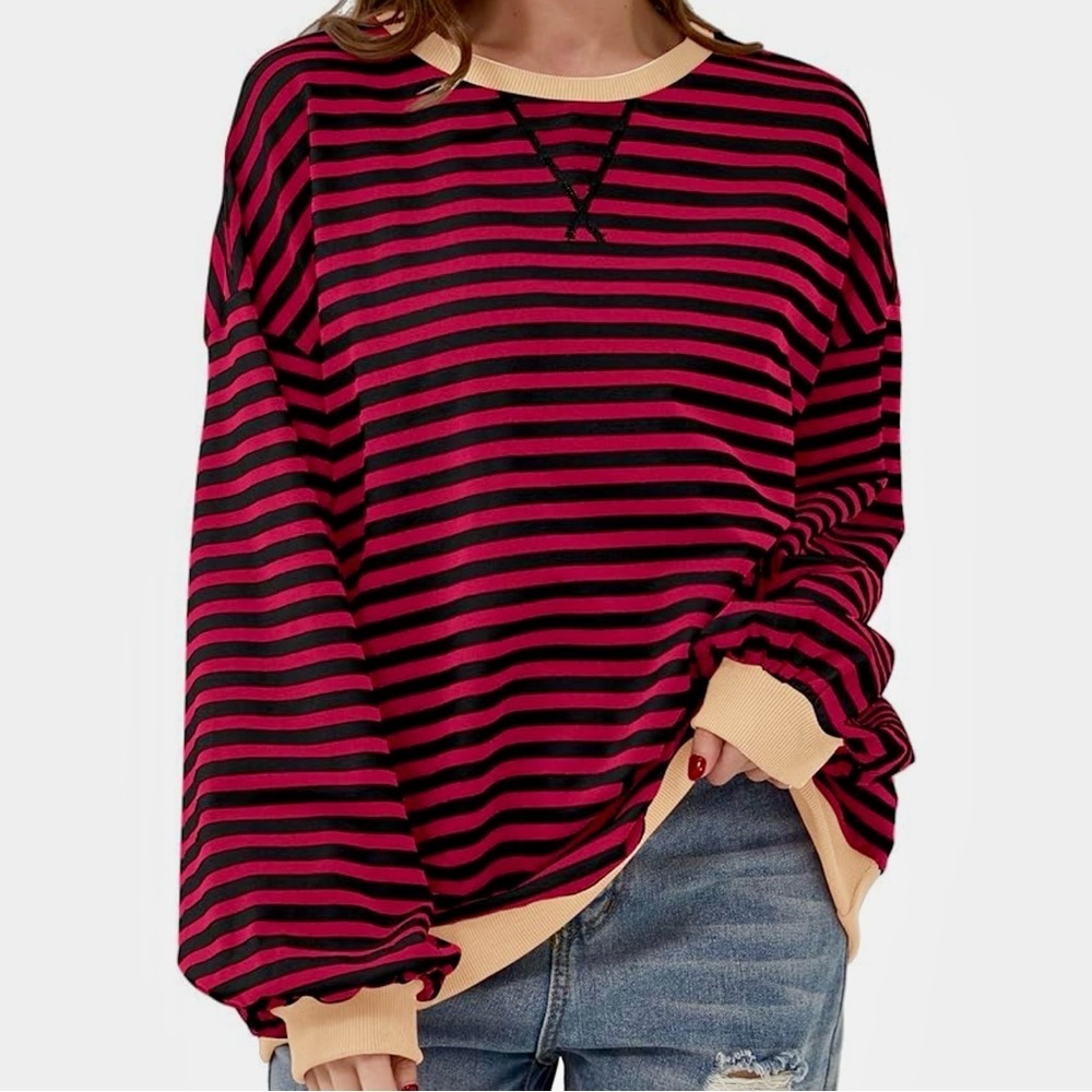 NWT Labolliy Women’s Red Striped Oversized Sweatshirt - Picture 3 of 16